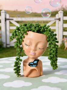 Facial Planter/Pot, Suitable For Indoor And Outdoor Plants, Made Of Resin, Suitable For Succulents, With Drainage Hole, Cute Lady Face Shaped Planter - A - View 8