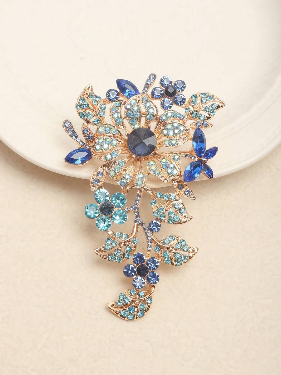 1pc Fashionable Exaggerated Floral Brooch With Rhinestones - Blue - View 1