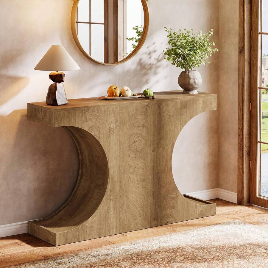 LITTLE TREE 105cm Farmhouse Console Table Rustic Sofa Table C-Shaped Legs Narrow Entryway Hallway Living Room Table Brown - Brown - View 1