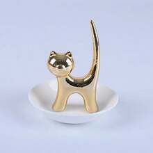 Soporte para anillos diseño de gato bandeja para joyas cerámica gato soporte para joyas soporte para joyas pulseras y pendientes bandeja para mujeres - Dorado - Ver 6