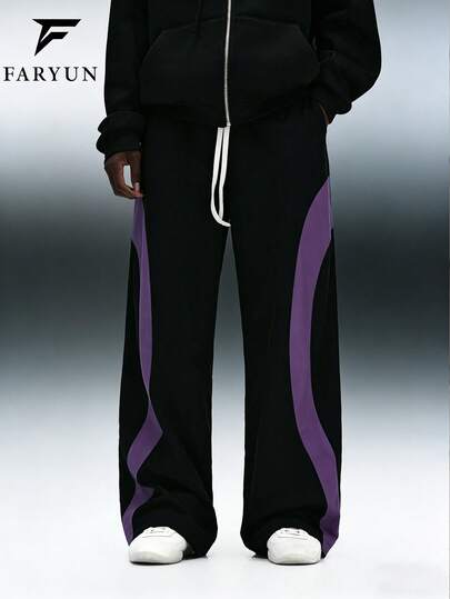 Men's Drawstring Elastic Waist Wide Leg Pants With Contrast Color Curved Splice, Casual Street Style Trousers For Spring/Autumn Streetwear, Daily Wear And Holiday Gatherings