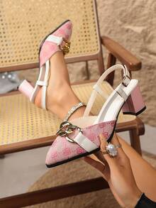 通勤搭扣尖头金属链条高跟凉鞋，新款夏季厚底印花百搭闭趾套脚女鞋 - 粉色 - 查看 2