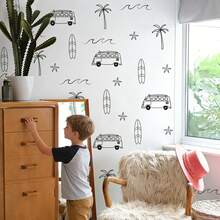 BRUP 1/3/4张/套 夏季假期浴室墙贴，卡通房车、棕榈树、海浪、冲浪板和星星图案，适用于浴缸、淋浴墙或儿童房，可移除即撕即贴，充满奇思妙想的冒险主题艺术 - 彩色 - 查看 3