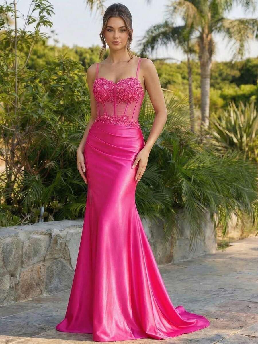 Đầm dạ hội màu tím đỏ thanh lịch, dây mảnh, ren đính hạt và thêu, xẻ cao, ôm sát cơ thể, đa năng cho các buổi tiệc tối trang trọng, tiệc tùng, dự đám cưới, lễ tốt nghiệp và lễ hội mùa xuân. - Màu Hoa hồng đỏ - Xem 1