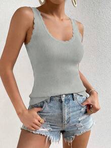 Womens Summer Sleeveless Tank Tops V Neck Ruffle Lightweight Ribbed Knit Shirt Casual Going Out Top - 灰色 - 查看 4