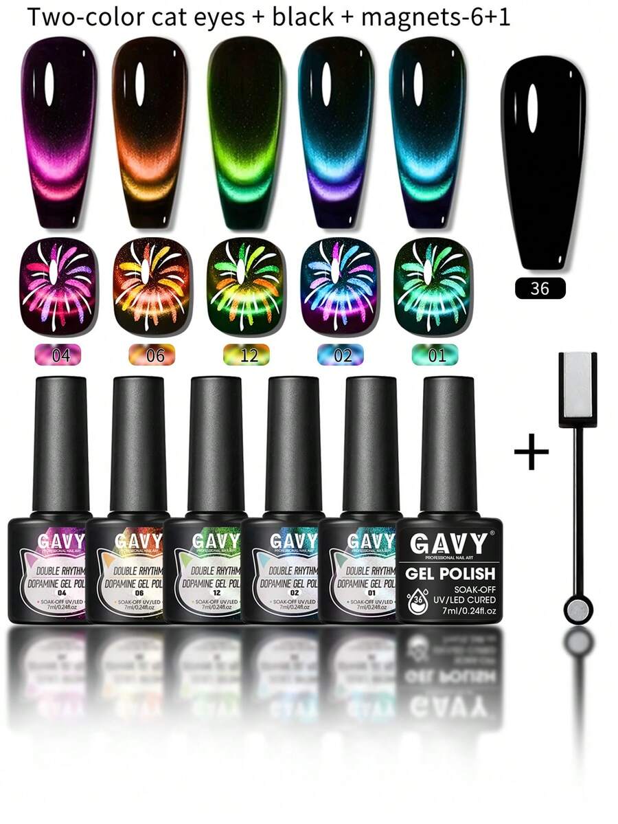 Set de 6+1 Esmalte de Uñas de Gel con Efecto Magnético de Ojo de Gato, Incluye Esmalte de Gel Magnético, Base Negra, Efecto Holográfico de Fuegos Artificiales de Brillo, Adecuado para Manicura de Gel Removible con UV/LED