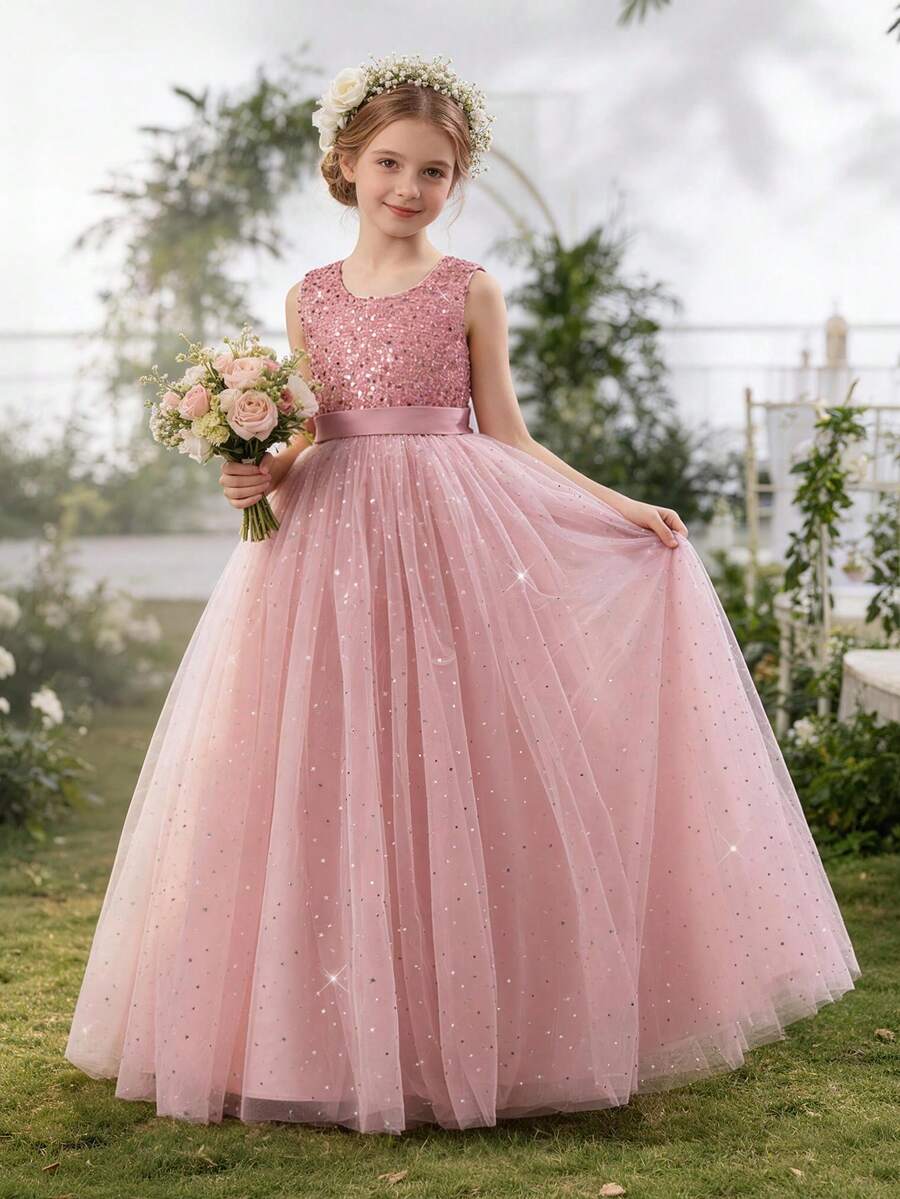 Tween Girl Sequin 3D Bow Tulle Christmas Party Elegant Pink Princess Dress, Suitable For Girls Birthday Party, Teenage Prom, Flower Girl Wedding, Thanksgiving, Graduation - 粉色 - 查看 1