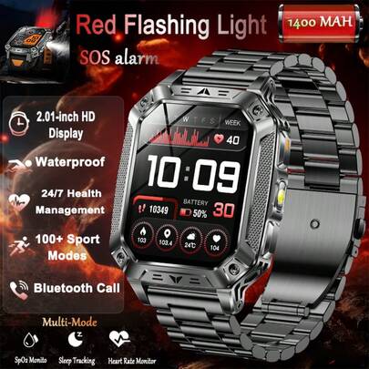 KENPANG 2026新款户外多功能智能手表，1400mAh超大容量电池，超长续航，红白手电筒，2.01英寸高清屏幕，蓝牙通话，防水，多种运动模式，心率监测，睡眠健康监测，男女通用运动追踪手表