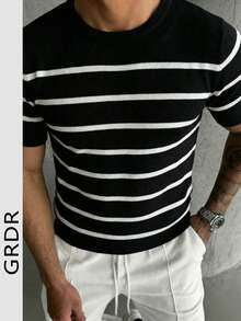 GRDR Men's Summer Knit Striped Short Sleeve Sweater, Versatile For Summer Socializing And Dining - Black - View 4