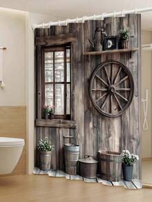 12钩复古木纹图案浴帘 - 防水、机洗、艺术设计，适用于家庭、酒店和浴室 - 多色 - 查看 6