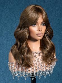 16" Medium Wavy Chestnut Brown Wig With Bangs, Fluffy Heat Resistant Synthetic Wig For Women Daily & Cosplay Party - Brown - View 5