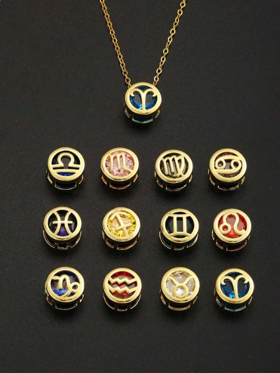 1PC Fashion High-End Shiny Elegant Simple Twelve Constellations Teardrop Birthstone Crystal Zirconia Pendant Gold Stainless Steel Necklace Clavicle Chain, Suitable For Daily Wear By Women, Can Be Given As A Gift To Family And Friends - Multicolor - View 1