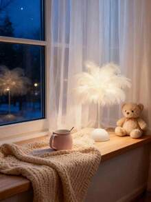 1 pezzo Lampada da scrivania con piume rosa e bianche, stile moderno e minimalista, luce decorativa da scrivania, lampada con piume carina e romantica, luce notturna decorativa calda, adatta per camera da letto di ragazze, scrivania dell'ufficio, San Valentino, compleanno, decorazione del soggiorno, crea un'atmosfera romantica come regalo romantico - Multicolore - Visualizzare 4
