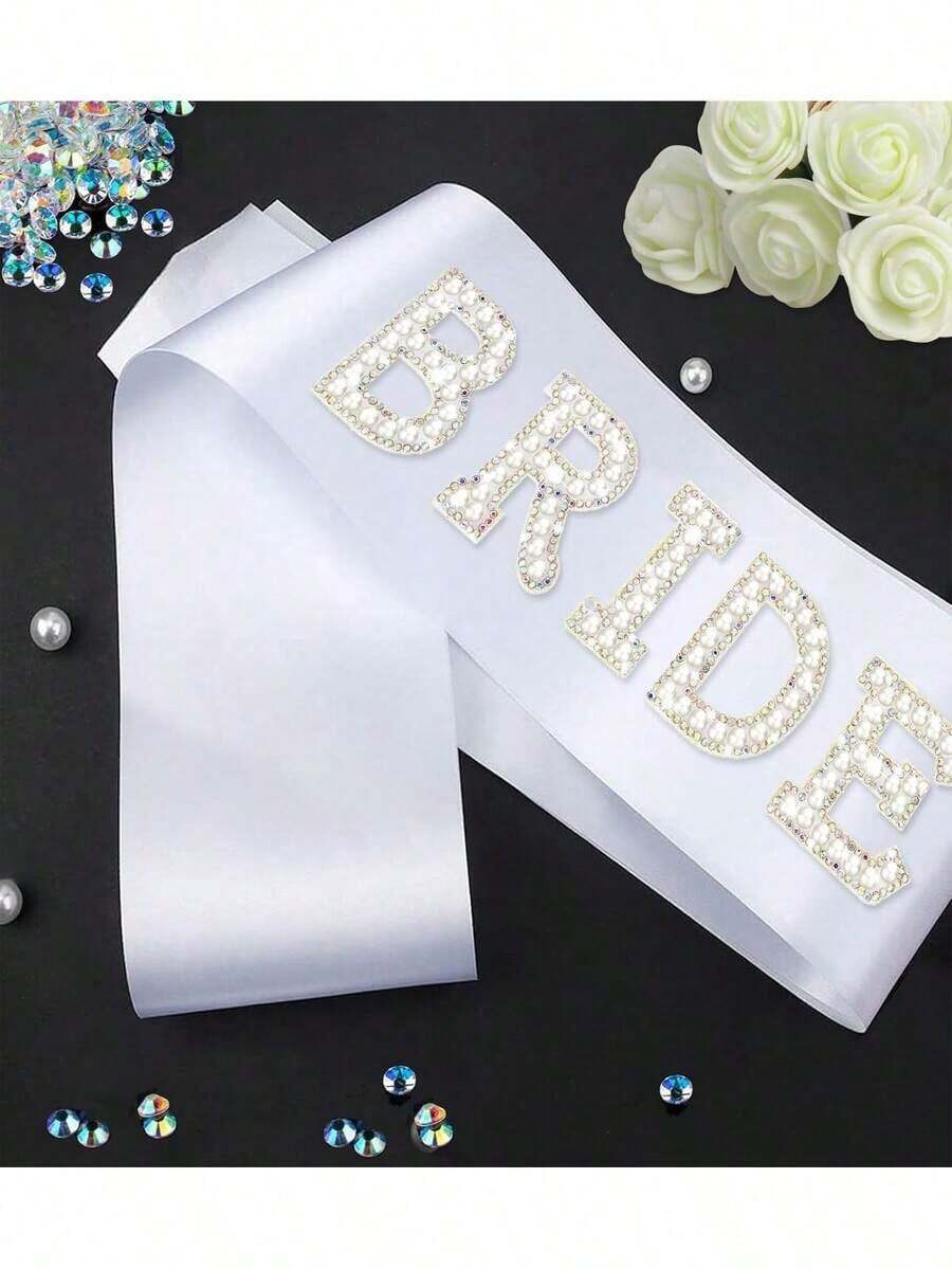 1pc White Pearl Bride Sash, Suitable For Bachelorette Party Decoration, Bridal Shower Gift, Bride-To-Be Decor - 白色 - 查看 1