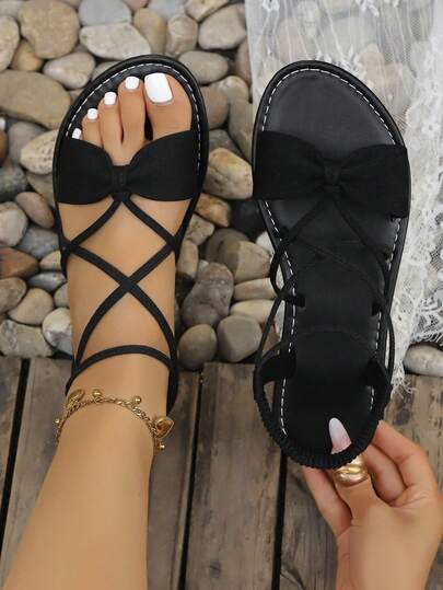 女士优雅纯色法式蝴蝶结凉鞋，夏季新品，时尚编织蝴蝶结设计，舒适圆头露趾，轻便不累脚，透气凉爽，适合女士居家、户外和职场穿着，百搭连衣裙和裤装，黑色蝴蝶结一脚蹬沙滩凉鞋