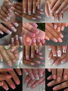 288片（12种混合款式）短方形3D凝胶美甲贴纸，可打造莲花美甲、法式亚克力按压式美甲、短款美甲，款式包括粉色法式、黄色法式、白色法式、蓝色法式、浅绿色法式等，完美贴合短款假指甲。易于佩戴，适合夏季美甲和法式美甲，适合女性、女孩日常工作、派对等场合。 - 彩色 - 查看 8