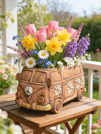 Retro Hippie Van Resin Planter - Vintage Bus Design With Peace Sign And Floral Decor, Suitable For Balcony, Living Room Desk And Garden, Can Hold Fresh Flowers Or Succulents, Adds Vibrant Boho Vibe, Popular Home And Garden Decor Accessory, Planter, Plant Pot, Gardening Decoration