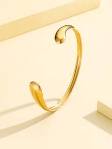 1pc Elegant Vintage Coin Style Thick Heavy Metal Smooth Open Bangle Bracelet, Stainless Steel 18K Gold Plated Geometric Wave Design Dress Accessory, Daily Wear - Geometry - View 12