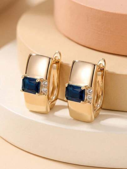 1 Pair Gold Rectangle Blue Sapphire Earrings For Women, Rhinestone Geometric Clip-On Design, Luxury Elegant Long Drop Earrings Suitable For Wedding, Party, Commute, Versatile