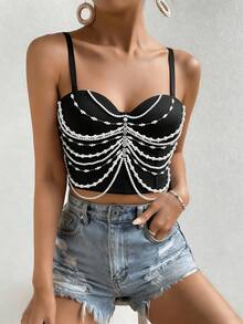 Débardeur à bretelles fines, Top élégant et noble à broderie lourde sans bretelles, sexy et court, bustier sexy pour les sorties des femmes en vacances, décontracté, noir, été - Noir - Voir 2