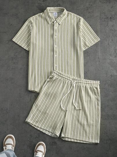 男士休闲条纹 Polo 领短袖衬衫配抽绳腰带短裤，两件套，夏季