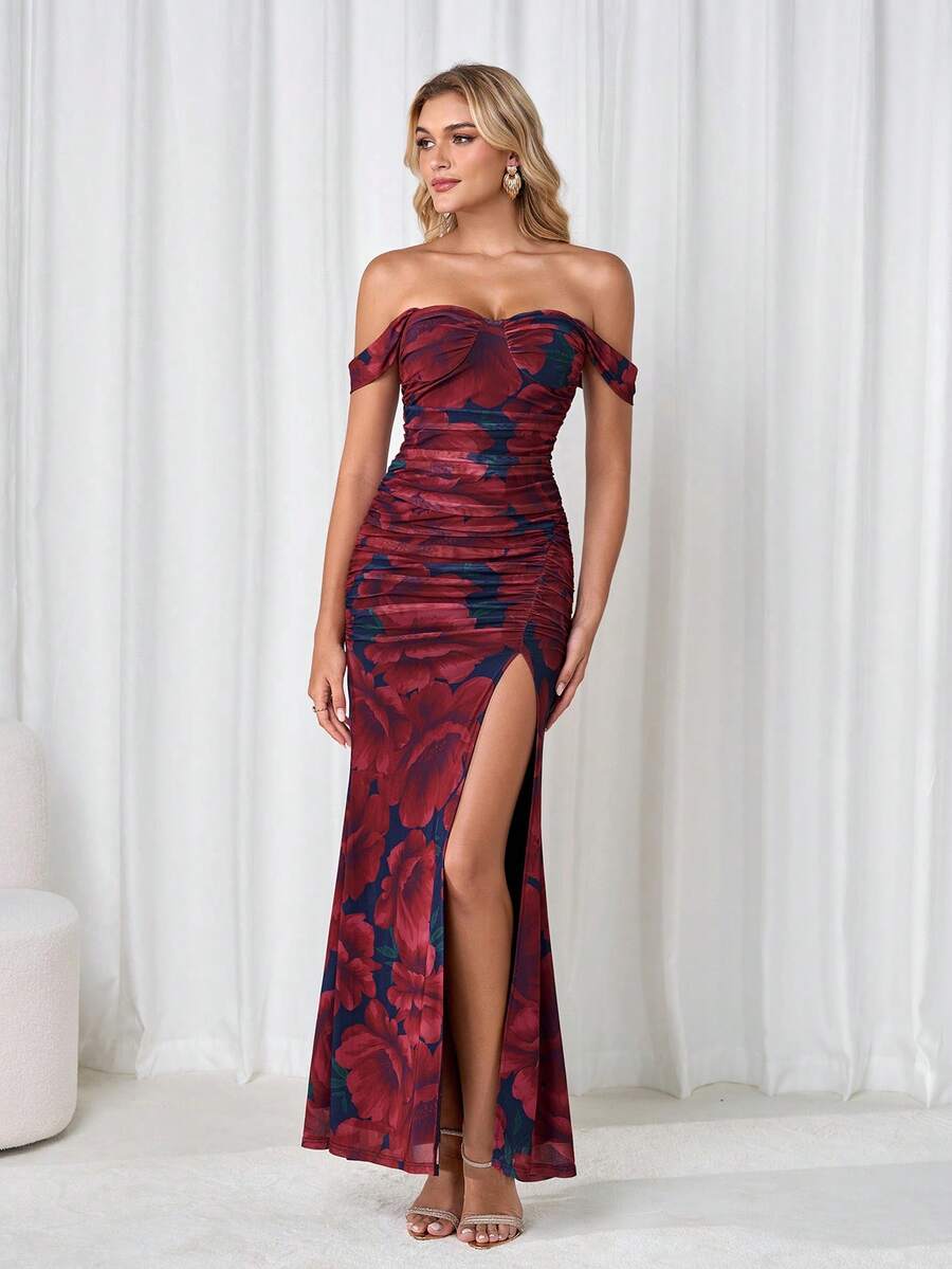 Elegant Women's Long Brown Mesh Dress With Cold Shoulder, Ruffle Design And Fitted Silhouette, Suitable For Party And Evening Occasions - Red - View 1
