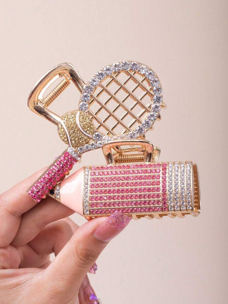1 Piece Women's Unique Design Pencil Tennis Racket, Rhinestone-Embellished, Fashionable Cute Cartoon Half-Up Hair Claw Clip Hair Accessory Hairpin - Multicolor - View 1
