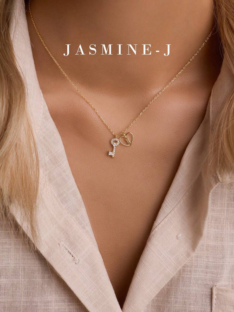 1pc S925 Sterling Silver Key & Lock Pendant Necklace,Diamond-Encrusted Key Pendant,Heart Pendant,Heart Lock Pendant,Keys & Locks Jewelry,High-Class Elegance,Gold Necklace,Holiday Gift, Suitable For Everyday Wear - Multicolor - View 1