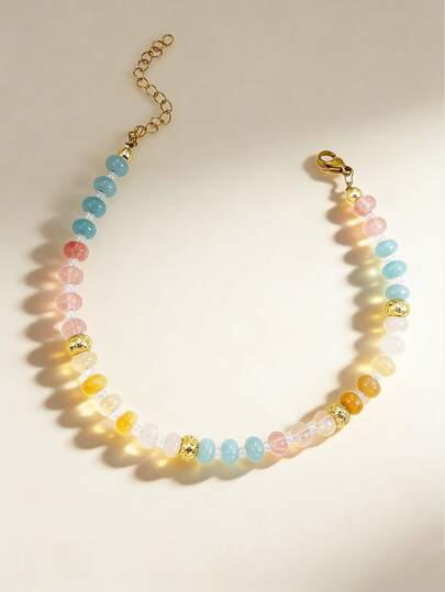 1pc Women's Colorful Natural Gemstone & Faux Pearl Adjustable Waterproof Handmade Beach Jewelry Gift, Fashion Jewelry Gift For Beach Vacation