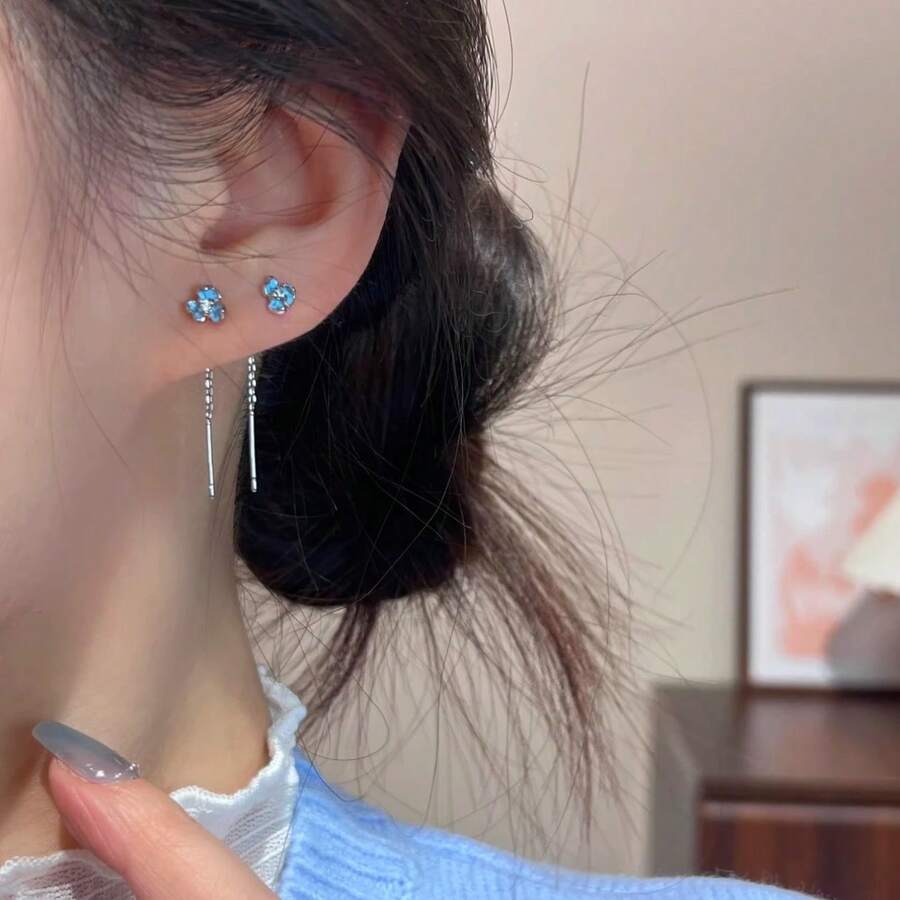 1对，蓝色鸢尾花耳环，女士甜美小众精致风格，清新灵动，温柔百搭，适合通勤和约会佩戴 - 淺藍色 - 查看 1