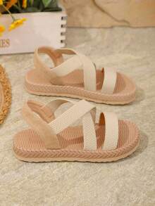 1双儿童米色平底凉鞋，纯色柔软面料交叉绑带，圆头弹力舒适软底套穿设计，时尚简约校园风可爱罗马沙滩凉鞋，男女童均适用，春夏新品 - 米色 - 查看 2