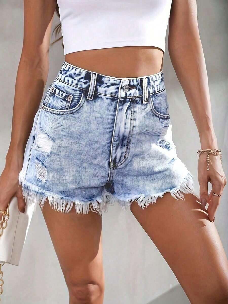 Women's Casual Sexy Elegant Fashion Elegant Commuting Pocket Frayed Sports Young Street Hole College Denim Shorts Summer - 灰色 - 查看 1