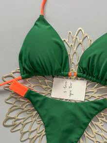 Bộ bikini gợi cảm buộc dây cổ phối màu tương phản dành cho nữ, thích hợp cho kỳ nghỉ hè, đi biển. - màu xanh lá - Xem 5