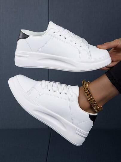 Women's White Lace-Up Skate Shoes, Casual Sporty Sneakers