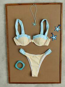 Bộ bikini nữ mùa xuân/hè mới, thích hợp cho kỳ nghỉ biển, hẹn hò, dự tiệc, thanh lịch, thường ngày, gợi cảm, họa tiết kẻ caro phối nhiều mảnh. - Nhiều màu - Xem 4