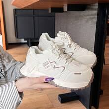 Women's Breathable Non-Slip Wear-Resistant Flat Casual Sports Sneakers, Lace-Up White Shoes - Beige - View 1