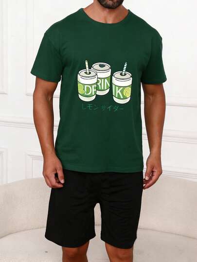 男士休闲苏打印花短袖短裤两件套睡衣，清爽日式夏季家居服