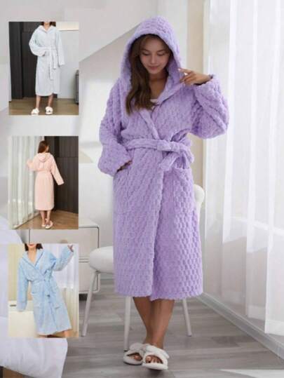 1 قطعة من الفرو المرجاني ذو البنية ثلاثية الأبعاد بنسيج قشرة السلحفاة مع كابوت، رداء استرخاء صباحي، ناعم ومريح وماص للرطوبة