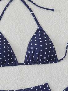 2026 Conjunto de 3 piezas de bikini con pantalones de tirantes con cordón y estampado de lunares para vacaciones de playa de verano para mujeres - azul real - Ver 8