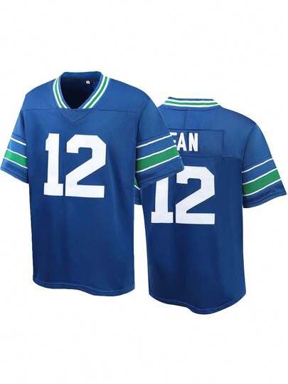 Atonmore 12# Blue American Football Jersey, Men's Casual Short Sleeve V-Neck Embroidered T-Shirt, Party & Football Sports Wear