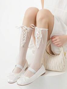 1/3 Pairs Spring/Summer Thin Knee-High Socks, Ballet-Style Criss-Cross Leg Warmers, Lolita Bow Knee Socks, Mesh Hollow Thigh-High Socks, No-Show Ankle Socks, Straight-Cut Socks - Multicolor - View 16