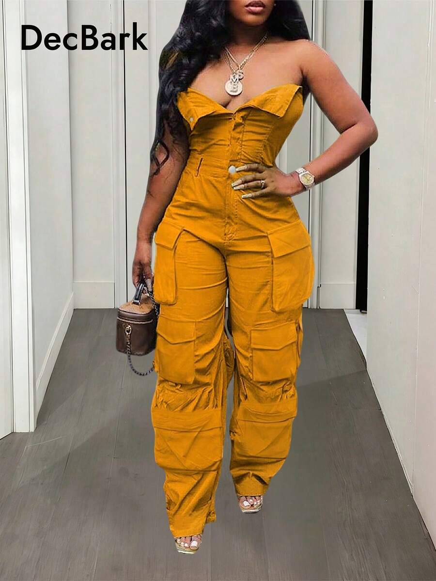 Solid Color Pocket Design Fashion Cargo Jumpsuit - Mustard Yellow - View 1