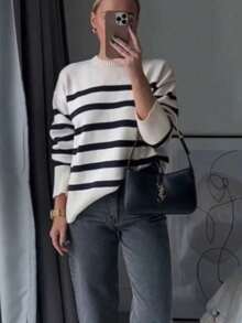 Women's Blouse Sweater Stripes Fashion Knit Winter 2025 Sweaters Striped Cold Basic Moura Knit - trắng - Xem 3