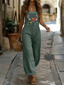 Mono de mujer, mono con tirantes bordados y bolsillos, uso casual de vacaciones y en el hogar, elegante para primavera/verano - Verde Oscuro - Ver 2