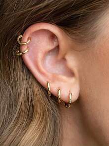 RAYQUEEN 3 Pairs Stainless Steel Versatile Hip-Hop Minimalist Fashion Gold Hoop Earrings, Suitable For Daily Wear And Gift - Set - View 2