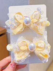 2 piezas Clips para el cabello con lazo y perla lindos para niñas, uso versátil diario, accesorios escolares, regalo para amigos - Multicolor - Ver 8