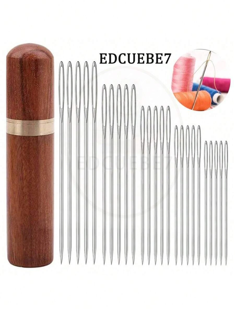 EDCUEBE7 25支大眼手工縫紉針，縫紉針，5種尺寸，附木製針盒