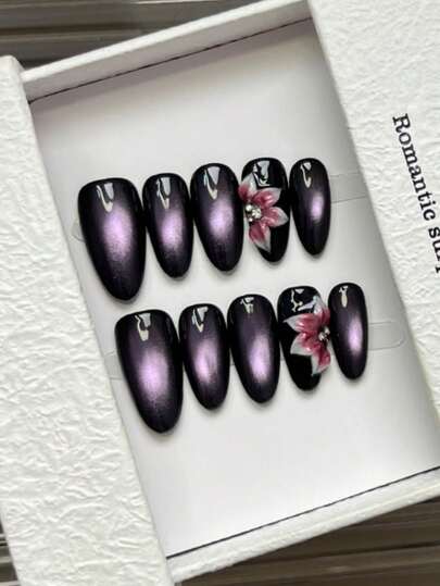 10pcs Handmade Nails Almond Nails Acrylic Press On Nails Medium, Luxury Purple Nails Flashy Cateye Fake Nails, Handpainted 3D Carved Embossed Flower, Nail Gems Diamond Inlaid, Simple Elegant Handcrafted Spring Press On Nails, Versatile Nails DIY False Nail Art Party Daily & Dating Use Beach Tropical Getaway Suitable Reusable, For Women & Girls As Gift Nail Supplies