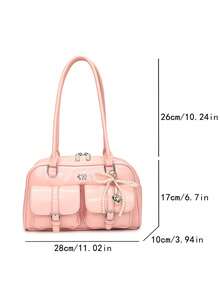 This Fashionable And Classic Solid Color Waterproof PU Material Clown Bag Features A Letter Graphic Design, With Multiple Pockets, A Shell Shape, And Dual Handles. It Can Be Carried As A Shoulder Bag Or Underarm Bag, And Comes With A Pendant Decoration. The Interior Can Hold Daily Necessities Like Lipstick, Keys, And Cosmetics. It Is Very Suitable For Travel, Shopping, Work, Parties, Dates, And New Year Celebrations. This Is A Retro Japanese Street Style Bag For Women. - 粉色 - 查看 7