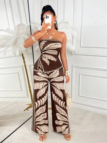 AIJ Amarilo 女士棕色叶子花卉波西米亚风优雅休闲无肩带侧边褶皱荷叶边上衣和高腰阔腿裤套装，春夏海滩度假派对毕业典礼假日两件套 - 棕色 - 查看 3